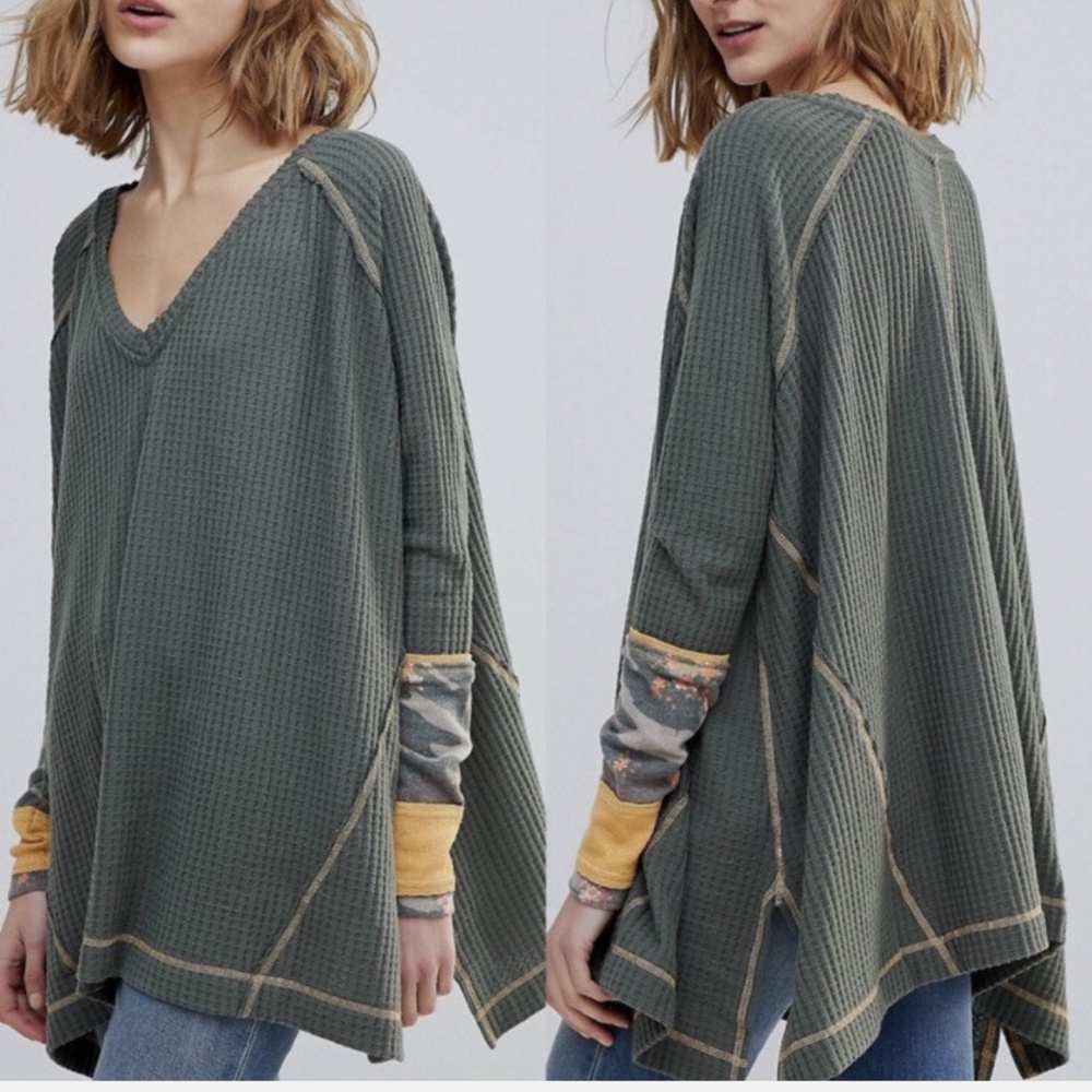 Free People We The Free Lovin Leopard Green Thermal Waffle Womens Sz S Tunic Top